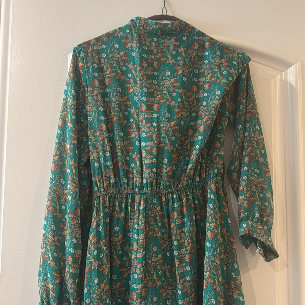 Haokeke Green Floral Long Sleeve Chiffon Pleated Midi Dress - M - Picture 14 of 16